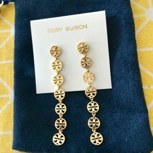 NEW Tory Burch Gold Linear Logo Drop Earrings